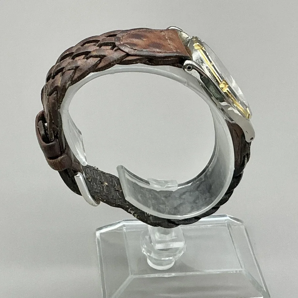 Vintage Lorus Womens Watch White Dial Brown Braided Leather Mickey Mouse Quartz
